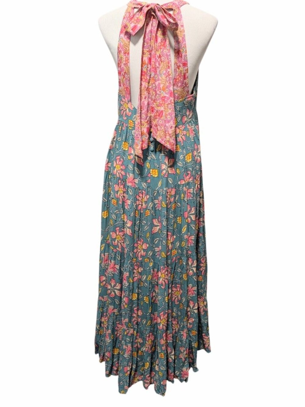 Natural Life Women NWT Sz L Halle Teal Pink Floral Halter Tier Ruffle Maxi Dress - Picture 4 of 11